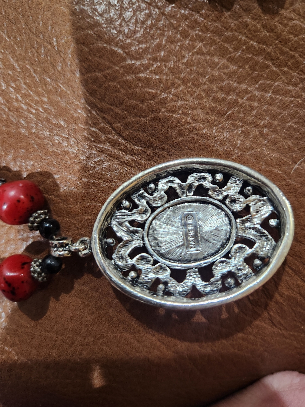 Vintage Signed NAPIER Silver-Tone & Red Cinnabar-Style Statement Necklace
